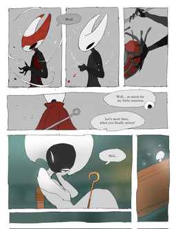 anthro biped black_body blood blood_drip blood_on_face blurred_background bodily_fluids cloak cloak_only clothing dialogue dripping female grabbing_weapon healing horn hornet's_needle segmented_body smug_eyes solo speech_bubble text justdog hollow_knight:_silksong hollow_knight_(franchise) team_cherry hornet_(hollow_knight) lace_(hollow_knight:_silksong) arachnid arthropod insect silk_fly spider 2026 comic english_text greyscale hi_res monochrome