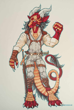 anthro armor belt blue_eyes brown_leather clothing gold_scales grey_clothing harness hunter leather leather_armor longsword male melee_weapon pauldron red_body simple_background solo suit sword weapon karmalow mythology worrior dragon eastern_dragon mythological_creature mythological_scalie scalie hi_res traditional_media_(artwork)