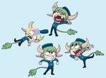 4_fingers bangs big_mouth_(anatomy) blue_background blue_clothing bottomwear bovine_ears clothing delivery_(commerce) delivery_employee drenched eye_through_hair eyes_closed fangs fangs_bared female fingers footwear green_hair green_tail hair hat headgear headwear horn leaning lying multicolored_hair on_back open_mouth pants postal_carrier postal_delivery rainbow_hair raised_arms raised_leg sharp_teeth shirt shoes simple_background small_body smile solo standing tail teeth tongue topwear translucent translucent_hair uniform wet_hair natfoe scottforester17 disney star_vs._the_forces_of_evil ransomgram_monster_(svtfoe) animal_humanoid bovid bovid_humanoid bovine bovine_humanoid horned_humanoid humanoid imp mammal mammal_humanoid monster tailed_humanoid