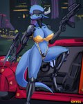 anthro blade blade_arm blue_body blue_hair bra breasts building car chair clothing female furniture gun hair horn lights long_hair machine_gun mantis_blades navel night oil_well prosthetic prosthetic_limb ranged_weapon robotic robotic_arm robotic_leg smile snout solo steering_wheel tail thong underwear vehicle weapon wheel white_horn wire yellow_clothing yellow_eyes ony01 mythology dragon mythological_creature mythological_scalie scalie 2023 hi_res