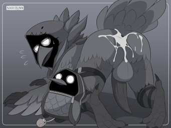 after_sex all_fours anthro anus ass_up backpack backsack balls beak bodily_fluids border butt butt_focus claws clothing cum cum_in_ass cum_inside cum_on_balls cum_on_butt embarrassed excessive_cum excessive_genital_fluids feathers feet finger_claws genital_fluids genitals hood kerchief legwear looking_at_viewer looking_back looking_pleasured male neckwear non-mammal_balls open_mouth penis raised_tail rear_view solo straps sweat tail tail_feathers talons tapering_penis text toe_claws toes white_border white_eyes wings nikkibunn epic_games fortnite fortnite:_battle_royale corvus_(fortnite) avian bird corvid corvus_(genus) oscine passerine raven 4:3 artist_name digital_drawing_(artwork) digital_media_(artwork) english_text greyscale hi_res monochrome sketch