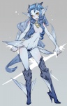 blue_body blue_hair blue_skin blush boots clothing female fin footwear hair high_heeled_boots high_heels legwear long_hair monster_girl_(genre) open_mouth ribs shoes solo thigh_boots thigh_highs weapon yellow_eyes hitowa animal_humanoid billfish fish fish_humanoid humanoid istiophoriform marine marine_humanoid swordfish