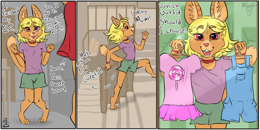 anthro biped blonde_hair bottomwear clothed clothing dialogue digitigrade eyebrows female fur green_bottomwear green_clothing green_shorts hair holding_clothing holding_object inside medium_hair open_mouth open_smile orange_body orange_fur pink_clothing pink_shirt pink_topwear shirt shorts smile solo talking_to_viewer teeth text tongue topwear young young_anthro young_female mushbun tass_(mushbun) domestic_cat felid feline felis mammal 2024 comic english_text hi_res daughter_(lore) mother_(lore) mother_and_child_(lore) mother_and_daughter_(lore) parent_(lore) parent_and_child_(lore) parent_and_daughter_(lore)