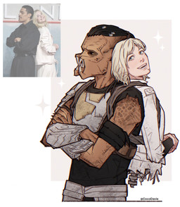blonde_hair blue_eyes clothing crossed_arms duo female hair jacket machine male male/female open_mouth photo_reference teeth topwear white_clothing white_jacket white_topwear cocodavie predator:_badlands predator_(franchise) dek_(predator) thia_(predator) alien android humanoid robot robot_humanoid yautja hi_res