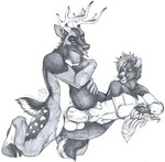 anthro antlers dieselwolf duo ear_piercing ear_ring female horn kerchief male male/female piercing ring_piercing thehuntingwolf canid canine canis cervine coyote deer mammal hi_res