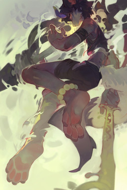 4_toes anthro barefoot black_bottomwear black_clothing black_hair black_topwear bottomwear cheek_tuft claws clothed clothing facial_tuft feet fur grey_body grey_fur hair holding_melee_weapon holding_object holding_sword holding_weapon horn male melee_weapon mouth_closed orange_eyes pawpads purple_horn red_pawpads side_view simple_background soles solo sword toe_claws toes toony topwear tuft weapon white_body white_fur yellow_horn carbonizedaki mythology dragon furred_dragon furred_scalie mythological_creature mythological_scalie scalie detailed hi_res