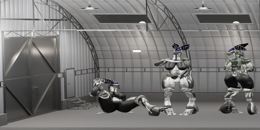 aircraft anus armor ass_up big_breasts big_butt breasts butt cleavage clothed clothing female gesture group hands_behind_head hangar jack-o'_pose leaning leaning_forward leaning_on_wall lights machine panoramic partially_clothed pose presenting presenting_anus presenting_breasts salute squatting_pose thick_thighs tongue tongue_out vehicle wheel hefty_works hortensie aeromorph living_aircraft living_machine living_vehicle absurd_res hi_res huge_filesize long_image wide_image