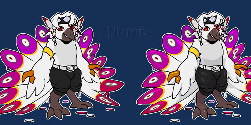 accessory anthro belt bottomwear clothed clothing gem headband male markings outline pants pants_only pink_markings purple_markings red_eyes red_markings simple_background solo topless transparent_background white_belt white_eyes white_outline puppetmaster13uwu changed_(video_game) demon_slayer kimetsu_no_yaiba tengen_uzui avian bird galliform peafowl phasianid alpha_channel cel_shading crossover shaded