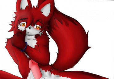 animal_genitalia anthro black_nose blush bodily_fluids bracelet brown_body brown_fur dipstick_tail erection eyebrow_through_hair eyebrows fur genital_fluids genitals gloves_(marking) hair half-closed_eyes humanoid_genitalia humanoid_penis jewelry looking_at_viewer male markings mostly_nude multicolored_body multicolored_fur multicolored_tail narrowed_eyes nude orange_eyes penis pose precum red_body red_fur seductive sheath simple_background smile solo tail tail_markings translucent translucent_hair white_background white_body white_fur young young_anthro young_male log_(artist) canid canine fox mammal signature source_request