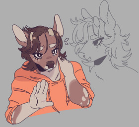 anthro antlers arm_markings bodily_fluids brown_body brown_fur brown_hair clothing eyebrows eyelashes facial_hair facial_markings freckles fur grey_background hair hand_markings head_markings hoodie horn long_eyelashes male markings nervous nervous_smile simple_background solo spots spotted_arms spotted_face sweat sweatdrop tear_trough topwear worklunchbox cervine deer mammal bust_portrait colored flat_colors hi_res portrait trans_(lore)