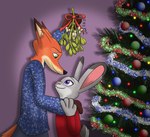 anthro blue_clothing blue_sweater blue_topwear canid canine christmas christmas_tree clothed clothing conditional_dnp disney duo female fox giftheck green_eyes hi_res holidays judy_hopps lagomorph leporid male male/female mammal mistletoe nick_wilde plant purple_eyes rabbit red_clothing red_fox red_sweater red_topwear smile sparkles sparkling_clothing sweater topwear tree true_fox zootopia