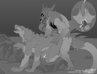 anal anal_penetration animal_genitalia anthro balls bodily_fluids bone claws cum cum_in_ass cum_inside duo ejaculation fangs genital_fluids genital_slit genitals grass horn long_tongue male male/male male_penetrated male_penetrating male_penetrating_male multi_eye multi_limb muscular muscular_anthro nature outside penetration penis plant rock sex skull skull_head slit_penis teeth teratophilia tongue tongue_out korzakov hollow_demon_(xarith) zach_(korza) deity demon monster unknown_species hi_res monochrome