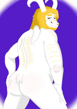 anthro beard blonde_hair body_hair butt eyebrows facial_hair fur hair horn looking_at_viewer male mature_male nude rear_view short_tail simple_background smile solo standing tail white_body white_fur zachandarie undertale_(series) asgore_dreemurr boss_monster_(undertale) bovid caprine goat mammal hi_res