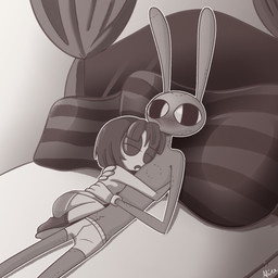 4_fingers anthro bed bite_mark blush bodily_fluids bottomwear boxer_briefs boxer_briefs_only clothed clothing cross-eyed cuddling drooling duo eyes_closed female fingers flustered furniture hair hug lying lying_on_bed male mouthless on_bed saliva short_hair shorts sleeping topless topless_female underwear underwear_only screaming_alice glitch_productions kinktober kinktober_2025 the_amazing_digital_circus jax_(tadc) pomni_(tadc) humanoid lagomorph leporid mammal rabbit 1:1 2025 hi_res