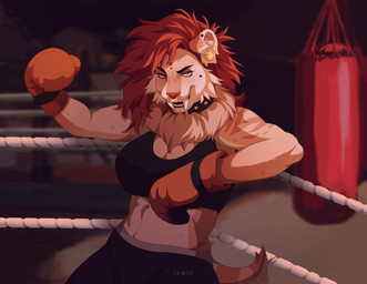 anthro athletic_wear bedroom_eyes big_breasts blue_eyes bottomwear boxing_gloves boxing_shorts bra breasts clothing collar crop_top ear_piercing facial_piercing female fur gym gym_bottomwear gym_shorts hair handwear leaning_on_object looking_at_viewer mane multicolored_body muscular muscular_female narrowed_eyes nose_piercing nose_ring open_mouth piercing punching_bag red_body red_fur red_hair ring_piercing seductive shirt shorts solo spiked_collar spikes sports_bra sportswear striped_body striped_fur stripes tail topwear two_tone_body underwear white_body white_fur dokta monroe_(winterspell) felid mammal prehistoric_species saber-toothed_tiger hi_res