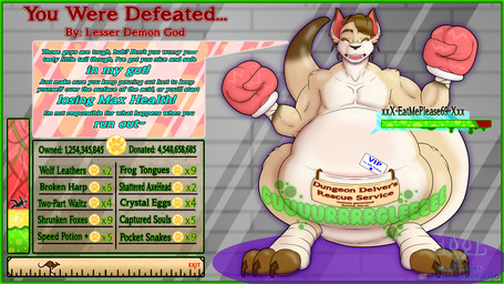 anthro big_butt boxing_gloves butt clothing digestion duo game_over game_over_screen gameplay_mechanics handwear male monobutt overweight pouch_(anatomy) pouch_play pouch_vore safe_vore tailbutt text vore atelierphos nintendo oracle_of_ages oracle_of_seasons the_legend_of_zelda ricky_(tloz) kangaroo macropod mammal marsupial 16:9 digital_media_(artwork) english_text hi_res krita_(artwork) widescreen