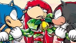 anthro bell bell_bow big_eyes big_head black_body black_fur blue_body blue_fur bound bow_(feature) cross-popping_vein decorated_bow fur gift green_bow group holly_(plant) male plant ribbons side_mouth toony vein urahyu sega sonic_the_hedgehog_(series) knuckles_the_echidna shadow_the_hedgehog sonic_the_hedgehog eulipotyphlan hedgehog mammal 7:4