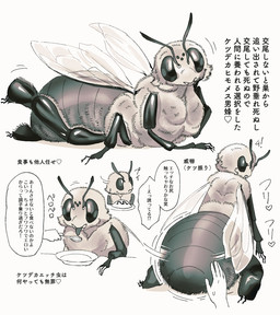 ambiguous_gender antennae_(anatomy) anthro arthropod_abdomen duo insect_wings multi_eye omurice_(food) simple_background text white_background wings buriburiri2 arthropod bee hymenopteran insect hi_res japanese_text monochrome