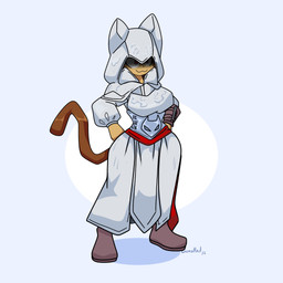 anthro big_breasts breasts brown_hair clothing cosplay crossover_cosplay female footwear hair red_eyes shoes smile solo tail gunshad assassin's_creed gameoverse glitch_productions ubisoft kit_bodega domestic_cat felid feline felis mammal 1:1 absurd_res crossover hi_res