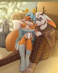 anthro blue_hair cookie digit_ring duo female fluffy fluffy_tail food hair holidays hug jewelry male male/female married_couple ring romantic tail wedding_ring aleksikashvets christmas new_year canid canine fox lagomorph leporid mammal rabbit 4:5 absurd_res hi_res