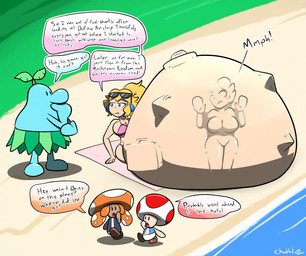 after_vore beach beach_towel belly big_belly big_breasts big_nose bikini biped blonde_hair blue_body blue_clothing blue_eyes blue_skin blue_topwear blue_vest body_outline bottomwear breasts clothing dialogue dot_eyes ear_piercing ear_ring eyewear eyewear_on_head featureless_feet feet female fungus grass_skirt green_grass group hair half-closed_eyes hand_on_nose huge_belly long_hair looking_at_another luggage male mushroom_cap narrowed_eyes not_furry open_mouth piercing pink_bikini pink_clothing pink_swimwear plant_on_head propped_up ring_piercing sand shorts simple_eyes sitting speech_bubble standing sunglasses sunglasses_on_head swimwear talking_to_another text thinking tongue topwear towel two-piece_swimsuit vest vore walking water wearing_sunglasses white_body white_bottomwear white_clothing white_sclera white_shorts white_skin chabble mario_bros nintendo princess_daisy princess_peach toad_(character) blue_pianta elemental_creature elemental_humanoid fungi_fauna fungi_humanoid human humanoid mammal pianta_(super_mario_sunshine) toad_(mario) 2026 colored digital_drawing_(artwork) digital_media_(artwork) english_description english_text hi_res