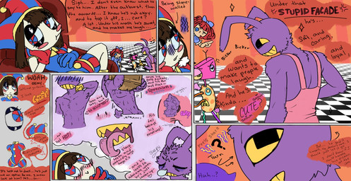 anthro clothing clown daydream doll fantasizing female group jester long_tongue male overalls pink_clothing pink_overalls pupils purple_body rag_doll_(toy) square_pupils teeth tongue yellow_eyes yellow_teeth kibbykannoli glitch_productions the_amazing_digital_circus jax_(tadc) pomni_(tadc) ragatha_(tadc) zooble_(tadc) animate_inanimate humanoid lagomorph leporid living_doll living_toy mammal rabbit comic hi_res nonbinary_(lore)
