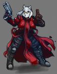 anthro blue_eyes boots clothing coat cosplay female footwear fur gloves gun handwear holding_gun holding_object holding_ranged_weapon holding_weapon horn ranged_weapon shoes solo topwear trenchcoat weapon white_body white_fur voodoothur trigun undertale undertale_(series) toriel boss_monster_(undertale) bovid caprine mammal 2015 digital_media_(artwork) hi_res