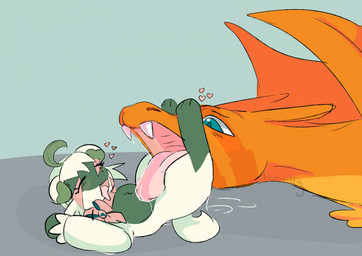 ambiguous_gender anthro duo female female/ambiguous fur green_body green_fur licking lying on_back open_mouth open_smile orange_body size_difference smile tail tongue tongue_out bloowolfy mythology nintendo pokemon fan_character fender_(ayceedee) iris_(bloowolfy) charizard dragon felid feline floragato generation_1_pokemon generation_9_pokemon mammal mythological_creature mythological_scalie pokemon_(species) reptile scalie 2024 hi_res