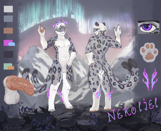 animal_genitalia anthro aurora_(phenomenon) balls feline_genitalia flaming_fur fur genitals grey_body grey_fur halo male mountain paws penis purple_eyes simple_background solo white_body white_fur paran0ya domestic_cat felid feline felis mammal pantherine snow_leopard absurd_res hi_res model_sheet
