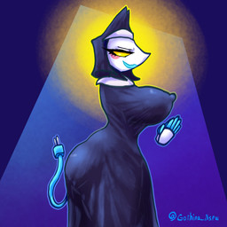 anthro big_breasts black_clothing breasts clothing erect_nipples female huge_breasts machine nipple_outline nipples nun nun_outfit outline simple_background solo text tight_clothing yellow_eyes gothina deltarune undertale_(series) tasque_manager tasque_manager_(nun) darkner felid mammal robot robot_anthro 1:1 artist_name digital_media_(artwork) hi_res