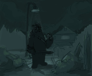 anthro bracelet building facial_piercing fur hair half-closed_eyes holding_melee_weapon holding_object holding_sword holding_weapon house jewelry melee_weapon narrowed_eyes night nose_piercing outside piercing pose solo standing street_lamp sword weapon shaibey bugsnax young_horses fan_character grummy_gruncher_(shaibey) grumpus 2022 digital_media_(artwork) monochrome procreate_(artwork) sketch nonbinary_(lore)