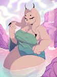 anthro big_breasts black_body black_fur black_nose bodily_fluids breasts cleavage clothed clothing dipstick_ears ear_markings ear_tuft eyelashes eyes_closed female floppy_ears fur green_towel hot_spring lop_ears multicolored_ears pink_body pink_fur side_boob sitting solo tears thick_thighs towel towel_only tuft water wide_hips cawphoepanda nine_sols red_candle_games lady_ethereal_(nine_sols) felid feline mammal solarian 3:4 hi_res