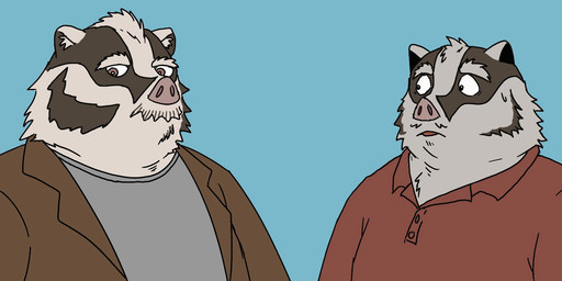 anthro biped blue_background bodily_fluids brown_clothing brown_shirt brown_topwear clothing duo facial_hair grey_clothing grey_shirt grey_topwear male mature_male mustache open_mouth overweight overweight_male red_clothing red_shirt red_topwear shirt simple_background standing sweat topwear taxonite badger hog_badger mammal mustelid musteline 2026 hi_res