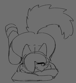 all_fours ambiguous_gender anthro fluffy fluffy_tail hair hair_over_eye looking_aside neutral_expression pose solo suggestive_pose tail wide_hips skodaithedog skodai_(skodaithedog) canid canine mammal 2025 line_art monochrome sketch trans_(lore) trans_woman_(lore)