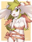 anthro areola big_breasts border bouquet breasts convenient_censorship female flower flower_bouquet front_view green_eyes green_hair hair hands_behind_back horn navel nude open_mouth pink_areola plant simple_background smile solo tail tongue white_body white_border white_skin wraps yellow_background zinfyu nintendo pokemon generation_4_pokemon legendary_pokemon pokemon_(species) shaymin sky_forme_shaymin 2024 absurd_res hi_res