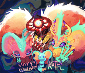 abstract_background ambiguous_gender anniversary anthro antlers big_ears biped bipedal_feral black_fingernails black_nails black_sclera blue_eyes blush blush_stickers bodily_fluids chest_tuft colored_nails countershade_torso countershading counting counting_on_fingers digitigrade dipstick_tail feral fingernails fluffy fluffy_tail front_view fur group head_wings horn huge_wings looking_at_another looking_at_viewer markings mouthless multicolored_body multicolored_eyes multicolored_fur nails neck_tuft nervous notched_ear orange_body orange_fur pink_body pink_eyes pink_skin pupils purple_fingernails purple_nails purple_sclera red_body red_fur semi-anthro size_difference sweat sweatdrop tail tail_markings tan_body tan_fur teal_body teal_eyes teal_fur teal_skin text tuft unusual_wing_placement white_body white_fur white_pupils wings kamabokobun kirby_(series) kirby_and_the_forgotten_land nintendo chaos_elfilis elfilin fecto_elfilis fecto_forgo alien chinchilla chinchillid mammal rodent starling_(kirby) 2026 digital_drawing_(artwork) digital_media_(artwork) english_description english_text hi_res male_(lore)