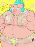 anthro balls belly blush bottomwear bulge clothing genitals hoodie male moobs navel nipples overweight overweight_anthro overweight_male shorts simple_background solo text topwear underwear yellow_background buta5kawa hamuga86 lifewonders tokyo_afterschool_summoners ganglie_(tas) mammal suid suine sus_(pig) wild_boar 2019 hi_res japanese_text