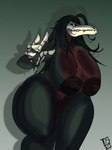 anthro areola big_breasts black_sclera bone breasts brown_areola brown_nipples exposed_bone female front_view genitals green_background green_body green_hair green_scales hair huge_breasts long_hair multi_eye nipples nude orange_eyes pupils pussy reaching_towards_viewer red_body red_scales scales simple_background skull skull_head slit_pupils solo ggez2341 scp_foundation scp-682 monster scalie hi_res