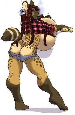 anthro barefoot big_breasts biped black_coded black_lips bottomwear breasts brown_body brown_fur butt butt_cleavage cigarette clothing denim denim_clothing dreadlocks feet female fur hair hotpants huge_breasts lips long_hair markings multicolored_body multicolored_fur pattern_clothing pattern_shirt pattern_topwear plaid plaid_clothing plaid_shirt plaid_topwear presenting presenting_hindquarters red_hair shirt shorts smoke smoking solo sponge spots spotted_body spotted_fur tail tan_body tan_fur thick_bottom_lip thick_lips topwear two_tone_body two_tone_fur gideon amabele_(gideon) hyena mammal spotted_hyena hi_res
