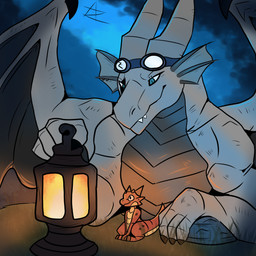 ambiguous_gender cloud duo eyewear feral fire frill_(anatomy) goggles grass grey_underbelly head_crest head_frill lamp lantern nature night piercing plant red_body rock size_difference sky tail tapering_tail white_body wings yellow_underbelly azurian mythology azurian_arafiel dragon kobold mythological_creature mythological_scalie scalie 1:1 absurd_res colored hi_res shaded