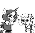 clothing cutie_mark duo earth_pony equid equine fan_character female feral ficficponyfic hasbro horn horse joyride_(colt_quest) knife mammal monochrome my_little_pony mythological_creature mythological_equine mythology pony ribbons ruby_rouge_(colt_quest) simple_background unicorn weapon young young_feral