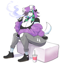 alternative_fashion anthro belt big_breasts biped black_belt black_clothing black_eyeshadow black_fingerless_gloves black_footwear black_gloves black_handwear black_shirt black_shoes black_t-shirt black_topwear bottomwear breasts chest_tuft cleavage clothed clothing container cup drinking_straw eyeshadow fingerless_gloves footwear fur gloves green_hair grey_bottomwear grey_clothing grey_pants hair hair_over_eye handwear huge_breasts makeup male pants purple_clothing purple_eyes purple_hair purple_topwear raccoon_tail_hair scene_(fashion) scene_haircut shirt simple_background sitting solo substance_intoxication t-shirt tail topwear torn_bottomwear torn_clothing torn_pants tuft vape vape_cloud vaping white_background white_body white_fur theycallhimcake kyler_(theycallhimcake) canid canine canis domestic_dog mallkin mammal 2024 digital_drawing_(artwork) digital_media_(artwork) english_description hi_res busty_boy_(lore) male_(lore)