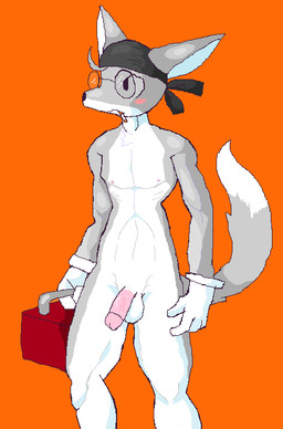 anthro balls blush cigarette cigarette_in_mouth clothing durag eyewear fur genitals glans glasses gloves grey_body grey_fur handwear headgear headwear male mechanic nude object_in_mouth penis skinny smoke tail toolbox white_body white_fur cool_cola cool_cola(dan) canid canine fox mammal