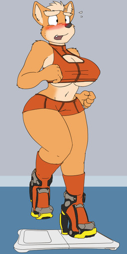 anthro big_breasts blush bottomwear bra breasts cleavage cleavage_cutout clothed clothing controller crossgender curvy_figure cutout exercise female game_controller hair keyhole_bra keyhole_clothing keyhole_sports_bra keyhole_underwear midriff mtf_crossgender navel nintendo_controller open_mouth short_hair shorts solo sports_bra topwear under_boob underwear voluptuous wide_hips wii_balance_board workout dracojeff nintendo star_fox wii wii_fit fox_mccloud canid canine fox mammal