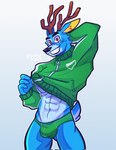 abs anthro antlers big_muscles briefs bulge clothed clothing clothing_lift detailed_bulge eyebrows fur green_clothing green_jacket green_topwear hand_behind_head horn jacket looking_at_viewer male muscular muscular_anthro muscular_male navel nipples pecs raised_clothing raised_jacket raised_topwear seductive shirt shirt_lift simple_background smile solo standing teeth topwear tuft underwear white_background zipper fluchinick animal_crossing nintendo bam_(animal_crossing) deer mammal 2023 hi_res