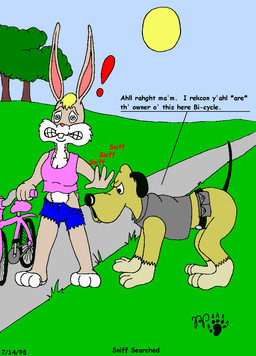 all_fours anthro belt bicycle black_nose blonde_hair blue_eyes bottomless bottomwear breasts buckteeth cleavage clenched_teeth clothed clothing dialogue duo exclamation_point female fur hair male male/female midriff open_mouth outside pink_nose plant scut_tail shirt short_tail shorts sun tail tan_body tan_fur tank_top teeth text topwear tree vehicle vest yellow_body yellow_fur kthanid_(artist) rutwell_forest beuford_bloodhound joy_bunny_(rutwell) canid canine canis domestic_dog lagomorph leporid mammal rabbit 1998 english_text