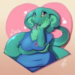 anthro big_breasts blue_eyes breasts cleavage clothed clothing female forked_tongue heart_symbol non-mammal_breasts nurse pupils slightly_chubby slit_pupils smile solo tongue wide_hips yellow_sclera shikaro becky_(javanshir) cobra reptile scalie snake 1:1 hi_res