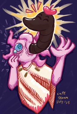 ambiguous_gender anthro black_body blue_eyes bodily_fluids body_horror clothed clothing duo external_gills eyebrows eyes_closed feral gills mouthless pink_body poncho red_beret spiral_pupils tears capegloam amphibian aquatic axolotl mole_salamander salamander worm 2023 absurd_res clip_studio_paint_(artwork) digital_media_(artwork) digital_painting_(artwork) hi_res painting_(artwork) shaded