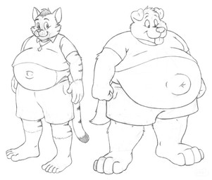 4_toes 5_fingers 5_toes anthro belly deep_navel duo feet fingers fur jewelry male male/male markings navel necklace obese overweight partially_covered_belly simple_background smile standing striped_body striped_fur striped_markings stripes tail toes tongue tongue_out white_background furshinku pepper_(furshinku) peter_(furshinku) canid canine canis domestic_cat domestic_dog felid feline felis mammal monochrome