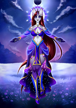 anthro boots breasts butt clothed clothing cloud coat_markings cutie_mark facial_markings female floating flower flower_field footwear forest forest_background freckled_breasts freckled_chest freckles front_view halo head_markings high_heeled_boots high_heels horn inner_ear_fluff light markings moon moonlight nature nature_background plant plantigrade shoes snip_(marking) solo strategically_covered tattoo teeth text toothy_grin tree tuft unicorn_horn veil minamikoboyasy hasbro my_little_pony mythology selune_darkeye deity equid equine horse mammal mythological_creature mythological_equine pony unicorn absurd_res english_text hi_res